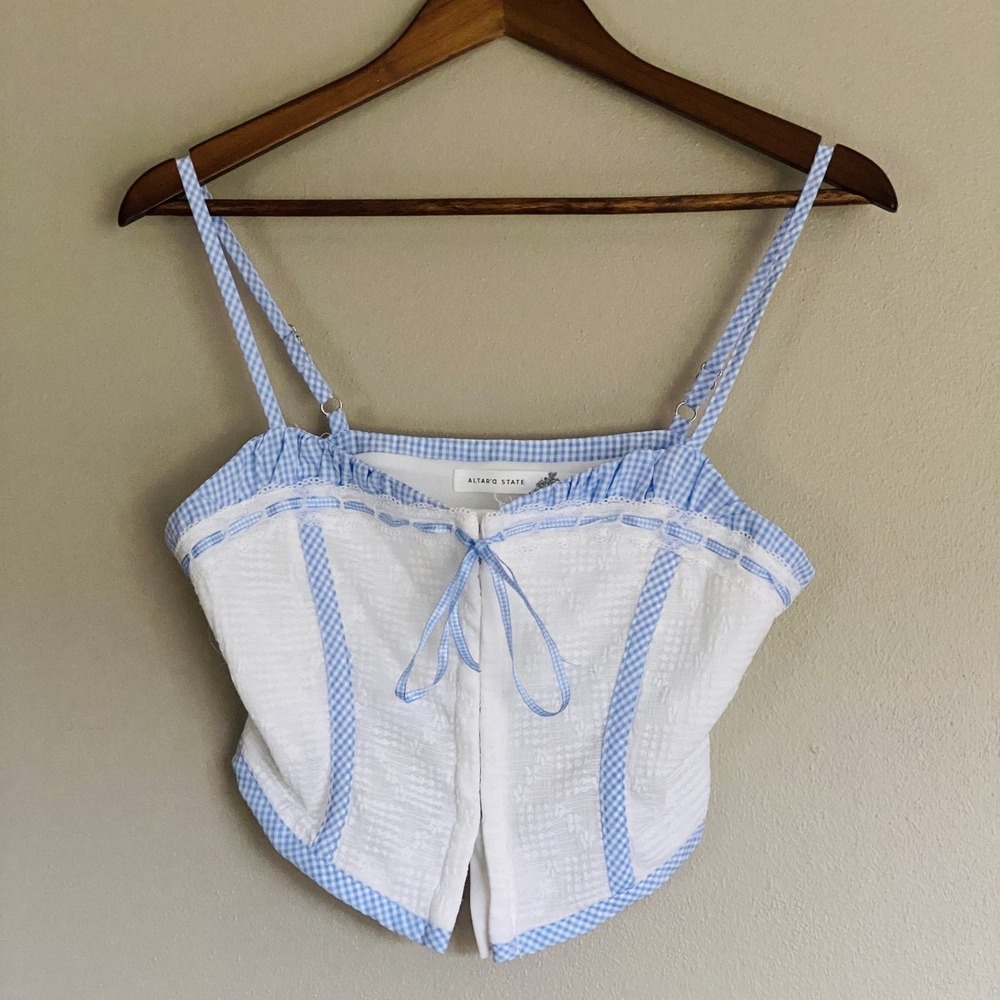 Altar'd State Brie Gingham and Lace Corset Top Womens M Blue and White Festival‎
